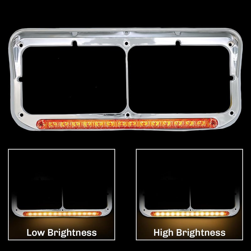 LEAVAN 2x Chrome Headlight Bezels 12" Amber LED Light with Visor 4x6 Light Strip Fit for Kenworth T400 T600 T800 W900B W900L Peterbilt 378 379 Western Star 4900 Trucks (Amber Lens+Amber LED) - Image 2